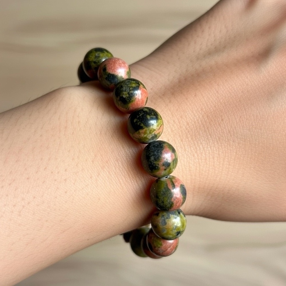 Unakite Beaded Stretch Bracelet, Size 6”